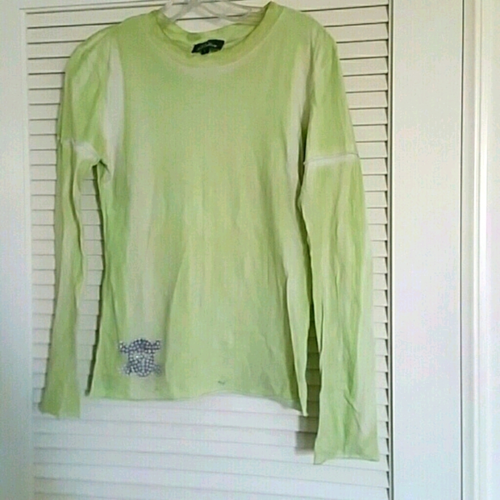Dolan Crewneck Tie Die Jeweled Long Sleeve Pistachio Cotton Top Size L